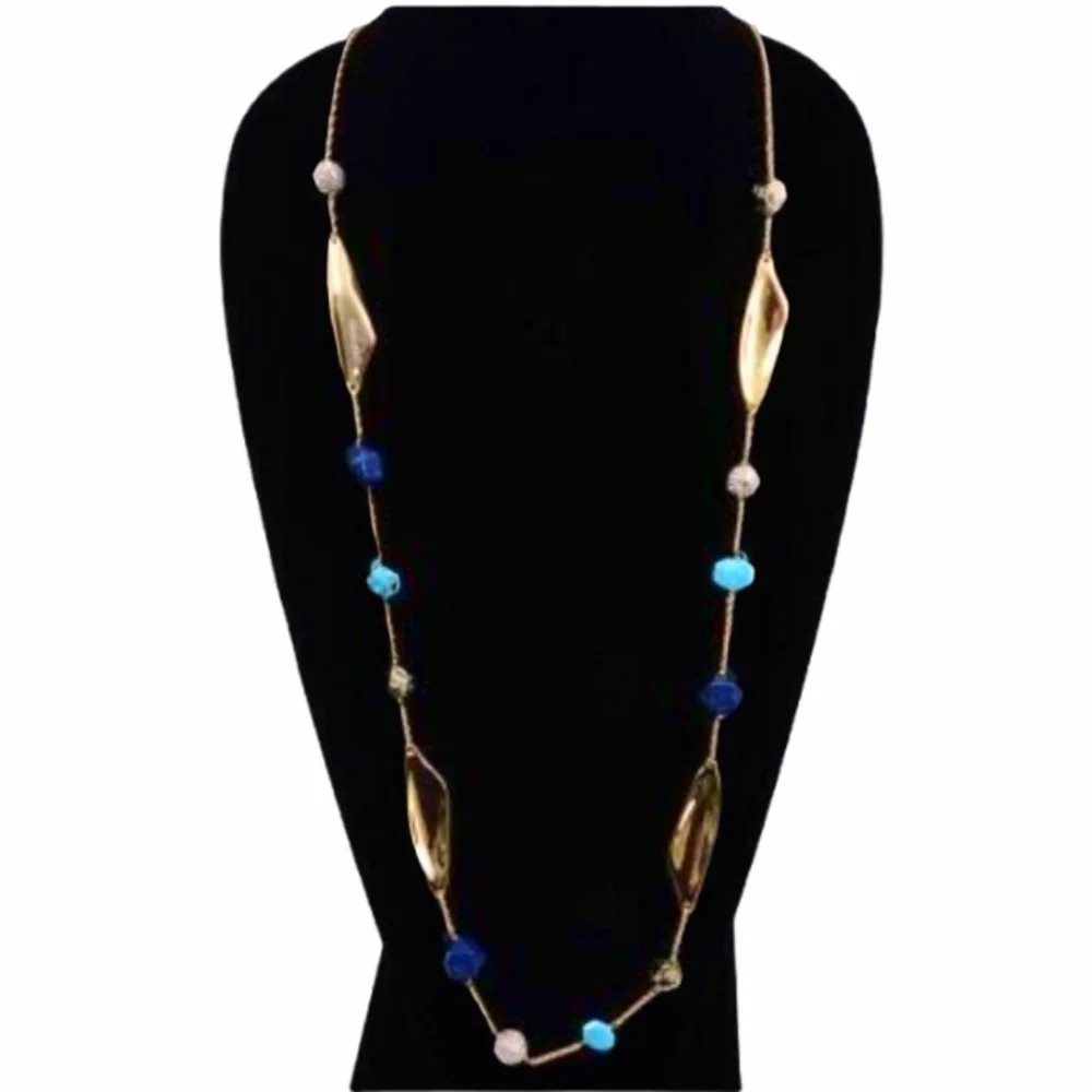 ALEXIS BITTAR NEW Gold Long Lapis Turquoise Pyrite Bead Chain  Gemstone Necklace